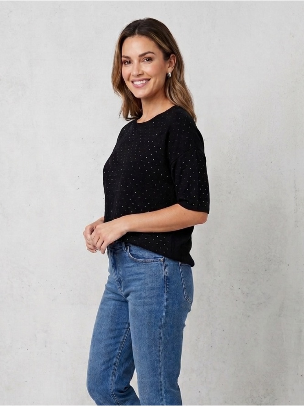 Anne Klein Black Rhinestone Silk Blend Knit Top Short Sleeve Sweater Large